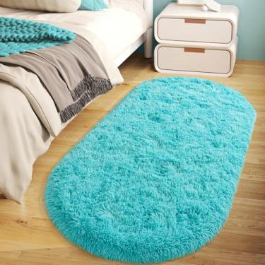 Imagem de Tapete macio e fofo para quarto, azul-petróleo, felpudo, oval, felpudo, para cabeceira, antiderrapante, aconchegante, para quarto de crianças, berçário, dormitório, sala de estar, 7 x 14 cm