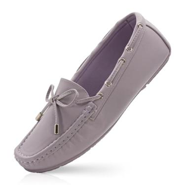Imagem de RUNIC Mocassins femininos com suporte de arco – Sapatos confortáveis sem cadarço com palmilha de espuma viscoelástica e sola de borracha, sapatilhas de couro sintético para trabalho ou viagens, Lilás