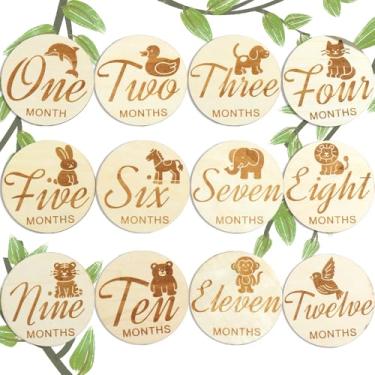 Imagem de Marcos mensais de madeira para bebês recém-nascidos, discos de anúncio de bebê de 1 a 12 meses, presentes de chá de bebê para gravidez (12 peças de fontes de um lado e animais)