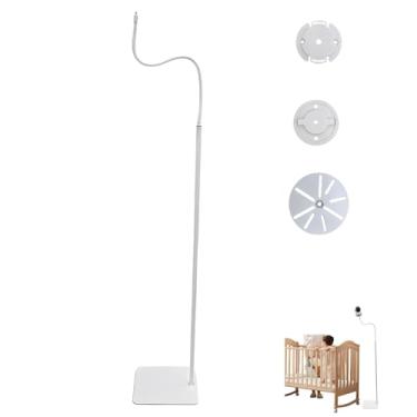 Imagem de NVRTTRR Suporte de piso para monitor de bebê, altura ajustável de 35 ou 66 polegadas, suporte de pescoço de ganso flexível com parafuso de 1/4, branco (170 cm + base de ancoragem)