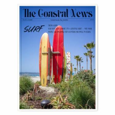 Imagem de The Coastal News Canvas Wall Art Vintage Surfboard Beach Poster Coastal Lifestyle Print para surfe moderno quarto férias casa banheiro lounge decoração de verão 28x35,5 cm sem moldura