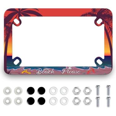 Imagem de Motorcycle Beach Please Moldura de placa de carro de aço inoxidável palmeira engraçada Havaí suporte de etiqueta 4 furos à prova d'água colorido acessório de motocicleta com parafusos tampas de porca