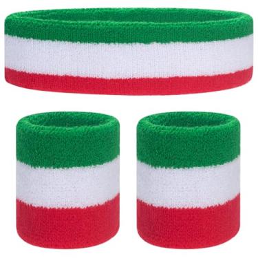 Imagem de ONUPGO Conjunto de pulseiras para crianças – Faixa atlética de algodão para bebês (1 faixa de cabeça + 2 pulseiras) (vermelho/branco/verde)
