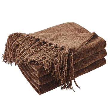 Imagem de CozeCube Cobertor de chenille para sofá, cobertor aconchegante de pelúcia marrom escuro decorativo com franjas, mantas leves para cama, sofá, presente, decoração de casa, 152 cm x 203 cm