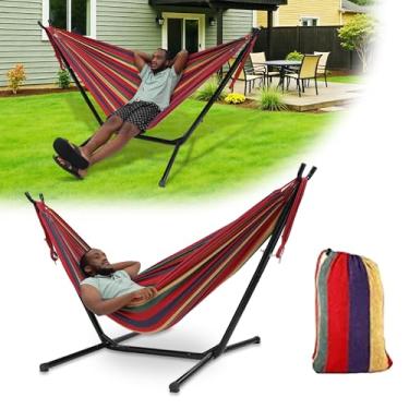 Imagem de Rede com suporte para ambientes externos, capacidade de peso de 272 kg, altura ajustável, rede portátil 3 em 1 para acampamento externo e interno no quintal (amola, suporte e bolsa de transporte)