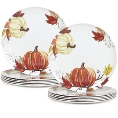Imagem de Gofunfun 12 peças de pratos de jantar de melamina, 25 cm Prato de decoração de abóbora e folha de outono, conjunto de pratos de melamina reutilizável para o Dia de Ação de Graças e decoração de