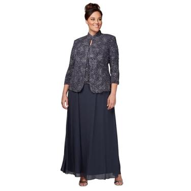 Imagem de Alex Evenings Vestido longo feminino com gola mandarim (Regular Petite Plus), Cinza fumê, 25 Plus Size