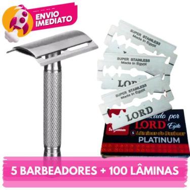 Imagem de Kit 05 Aparelho Barbeador Metal Clássico Manual Retrô Lâminas Lord Pla