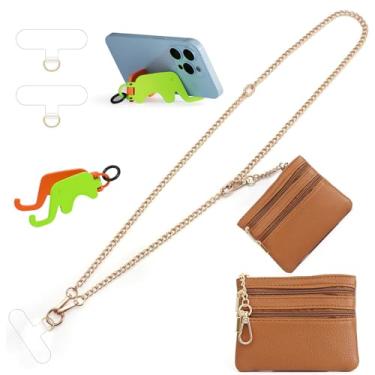 Imagem de Alça Clip and Go para telefone corrente de metal dourado com bolsa marrom carteira transversal cordão de telefone para mulheres com suporte para celular 2 adesivos cordão ajustável anti-roubo para