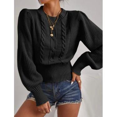 Imagem de Blusa manga longa detalhada bufante feminina tricot quente moda invern