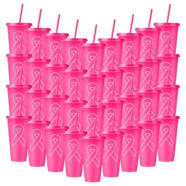Imagem de Joyzan Presentes de câncer de mama para mulheres, copos de conscientização do câncer de mama de 680 g com canudos e tampas garrafas de água de fita rosa de plástico canecas de café reutilizáveis em
