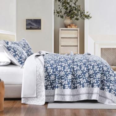 Imagem de DDUOXIN Conjunto de colcha Farmhouse Botanical King – Colchas 100% algodão com 2 fronhas, conjunto de cama leve de 3 peças para todas as estações, azul/cinza, king (269 cm L x 248 cm C)