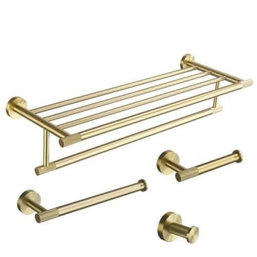 Imagem de Conjunto de acessórios para banheiro de parede em aço inoxidável dourado escovado - Suporte para toalha, suporte para papel higiênico, gancho para roupão, saboneteira (conjunto de 4 peças A)