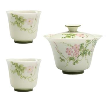 Imagem de Conjunto de chá Gongfu pintado à mão boutique – Asagao de verão em esmalte verde macio, inclui mini bule de chá, Gaiwan, xícaras de chá, bandeja de bule de chá e Jianshui, conjunto de presente de