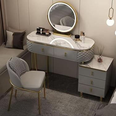 Imagem de Mesa De Maquiagem Com Espelho Iluminado Por Led, Penteadeira Com Luz De Toque Ajustável Em 3 Cores, Mesa De Maquiagem Com Gavetas E Banquinho Acolchoado, Para Quarto Sala De Estar, Gray B, 80cm/31.4in