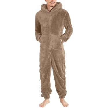 Imagem de Macacão Pijama Masculino De Inverno Longo Inverno Quente Pelúcia Geral Sono Geral Zip Teddy Fleece Onesie Pyjamas, Khaki, 3XL