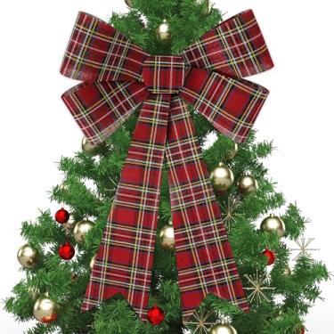 Imagem de 1 peça de laços de árvore de Natal, 23,5 x 30,5 cm em grandes laços de veludo branco preto vermelho para árvore de Natal, arco grande de plástico xadrez de búfalo para decorações de Natal, guirlanda