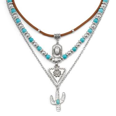 Imagem de HETICA Colar em camadas turquesa ocidental para mulheres, pingente de cacto, estilo jeans, cordão de couro, redondo, turquesa, contas, bijuteria