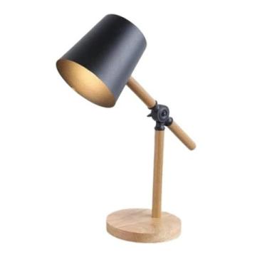 Imagem de Luminária de Mesa Noturna Retro Articulável, Base em Madeira de Verniz, Cúpula Preta de Ferro, Braço Ajustável, para Leitura Dormir, Bivolt