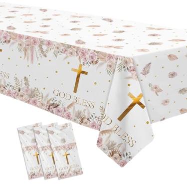 Imagem de FVABO Toalha de mesa Boho God Bless para decoração de batismo, 3 peças descartáveis de grama dos pampas, decoração de primeira comunhão, artigos de festa, 218 x 139 cm