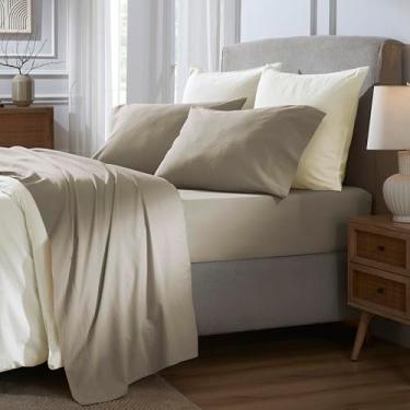 Imagem de Superior Jogo de lençol Carmen vintage relaxado 100% algodão, leve e crocante, 1 lençol de cima, 1 lençol elástico com elástico alto, 2 fronhas, quarto boho chique, casal, cinza-acastanhado