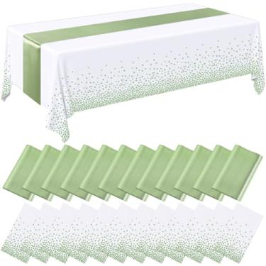 Imagem de Breling Conjunto de 24 toalhas de mesa descartáveis de plástico branco e verde sálvia, conjunto de corredor de mesa de cetim, 137 x 272 cm, caminhos de mesa de 30 x 272 cm para casamento, formatura