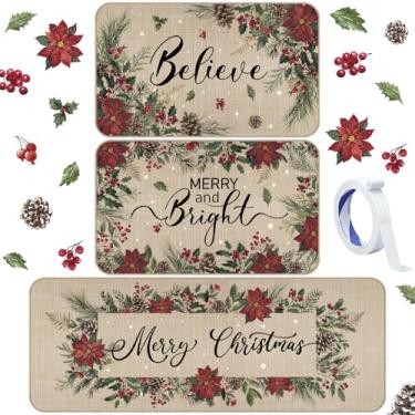 Imagem de Drydiet 3 peças de tapete e tapete de cozinha de poinsétia de Natal, antiderrapante, lavável, impermeável, tapetes de chão para casa de fazenda, decoração de cozinha para casa, escritório, banheiro