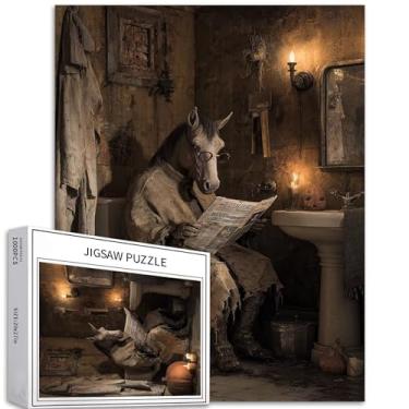 Imagem de Quebra-cabeça de cavalo vestindo capa rasgada 1000 peças para adultos lendo arte de cena de jornal quebra-cabeça desafiador de atividades familiares colorido DIY artesanato quebra-cabeça para