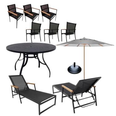 Imagem de Kit Conjunto de Jardim Mesa 1,40m Aluminio + 6 Cadeiras Area Externa + 2 Espreguiçadeiras Piscina Alumínio Tela Sling e Guarda Sol (Cinza)