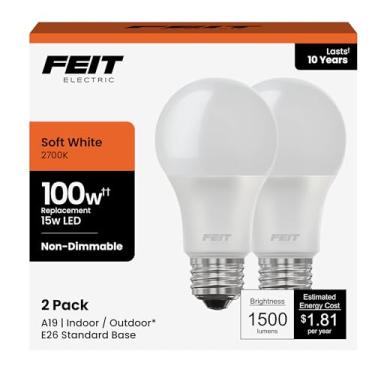 Imagem de Feit Electric Lâmpada LED A1600/827/10KLED/2 equivalente a 100W não regulável (pacote com 2), branco suave, branco macio 2700 K, 11 cm A x 6 cm P