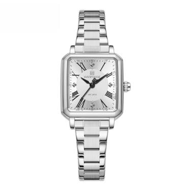 Imagem de NAVIFORCE Relógios dourados para mulheres, vestido feminino à prova d'água, pulseira com mostrador romano, caixa quadrada, Prata + branco
