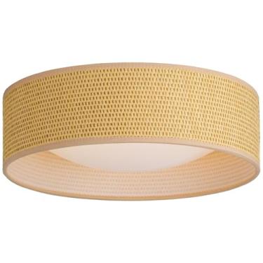 Imagem de CALOKES Luminária de teto estilo rattan de 33 cm, estilo boho, montagem embutida, luminária LED 24W 3000K fechada para teto com design clássico de tambor de linho para quartos, cozinha, sala de jantar