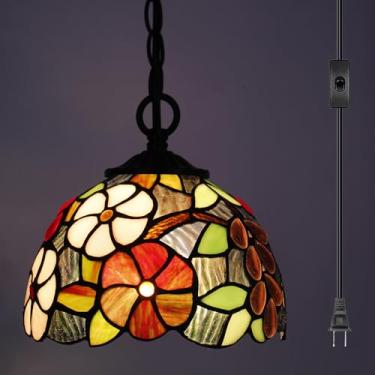 Imagem de Luminária pendente pequena Tiffany com plugue de vitral de 20 cm de altura ajustável para pendurar em casa, cozinha, ilha, sala de jantar, corredor (estilo uva marrom)