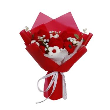 Imagem de Chordobe Buquê de tulipas de flores de crochê: buquê de girassol tricotado de flores artificiais feito à mão para festival, casamento, formatura, aniversário (vermelho)