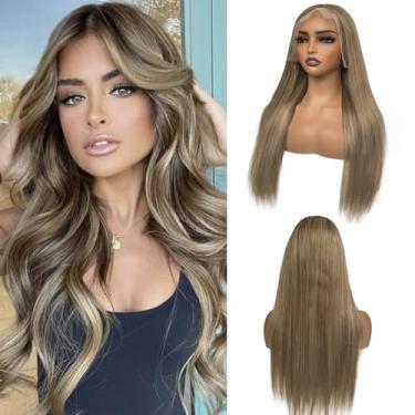 Imagem de Perucas de cabelo humano liso com destaque frontal de renda, densidade 180% 13 x 6 HD, balayage, sem cola, cabelo humano 66 cm ombré castanho castanho misto bege loiro peruca frontal de renda