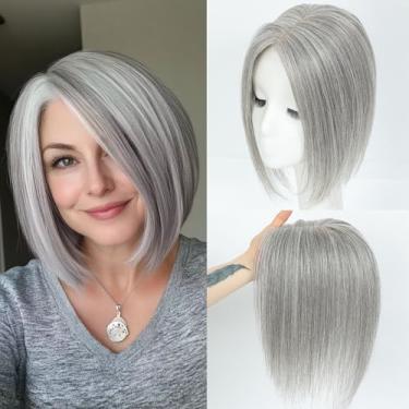 Imagem de JANATOUCH Toppers de cabelo humano feminino prateado cinza para cabelo humano real para resolver a queda e queda de cabelo, adicionar volume