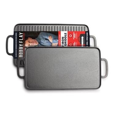 Imagem de GreenPan Bobby Flay Chapa de ferro fundido pré-temperada 42 x 24 cm, reversível com queimador duplo, grelha retangular, alças auxiliares, indução, forno versátil para churrasco e fogo, uso interno e