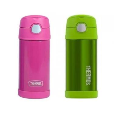 Imagem de KIT Garrafa Térmica Canudo Alça Thermos Inox 355ml, Rosa, Verde