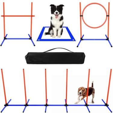 Imagem de Dog Agility Course Conjunto de 4 peças de equipamento de treinamento de agilidade com barra de salto, aro, mastros de tecelagem, caixa de pausa e bolsa – pista de obstáculos para cães interno/externo
