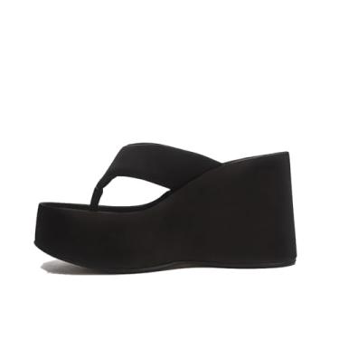 Imagem de Forevercan Chinelo feminino plataforma com cadarço plataforma de verão redondo peep toe sem salto plataforma sandálias casuais de férias na praia, Preto, 33