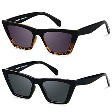 Imagem de ANDWOOD Óculos de sol Cat Eye para mulheres, armação polarizada, vintage, quadrado, clássico, retrô, óculos de sol, (Pacote com 2) Preto + Preto Demi | Não polarizado, Medium