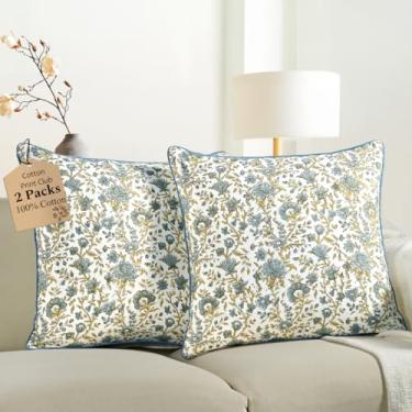 Imagem de CPC Capas de almofada para sofá, 45,7 x 45,7 cm, almofadas decorativas para sala de estar, 100% algodão, boêmio, fofas, para ambientes externos, capas de flores ou mantas formais - azul jardim vintage