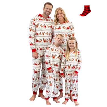 Imagem de PATPAT Pijama de Natal combinando para a família, peça única, estampa de Natal, com capuz, roupa de dormir, Rena vermelha de Papai Noel, P