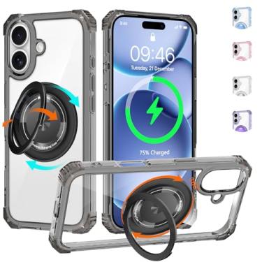 Imagem de WPCase Capa transparente para iPhone 17 com suporte [compatível com MagSafe], capa resistente de grau militar com suporte magnético giratório 360 para mulheres e homens, preto transparente