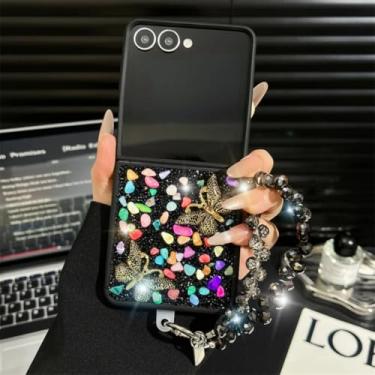 Imagem de Capa para Galaxy Z Flip6 de luxo com glitter, desenho animado, borboleta, cristal, pedra, pulseira brilhante (para Galaxy Z Flip6/preto)