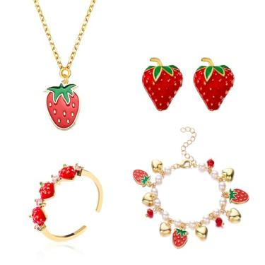 Imagem de CSIYANJRY99 Conjunto de joias de morango para mulheres, brincos de morango, colar e pulseira, acessórios de anel com tema de frutas, bijuterias de festa, presente, Large, Liga de aço, Sem Pedra
