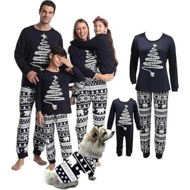 Imagem de LOVESHOOT Conjunto de pijamas de Natal para a família, pijamas de Natal para adultos, crianças, bebês, cães, família, roupa de dormir, Árvore de Natal de Papai Noel azul-marinho, M