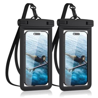 Imagem de Pacote com 2 bolsas à prova d'água para iPhone 17 16 15 14 13 12 11 Pro Max Plus Air, bolsa seca para celular IPX8 com cordão removível para viagem de navio de cruzeiro na praia (preto + preto)