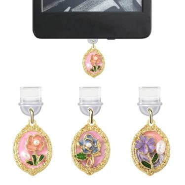 Imagem de sunla 3 peças de berloques para Kindle, pingente de plugue de poeira de flores requintadas compatível com E-Reader, telefone, iPad com porta de carregamento tipo C/USB C -CP003