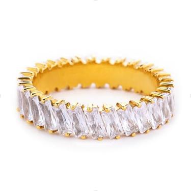 Imagem de STORYJEWELLERY Anel baguete, anéis de casamento empilháveis banhados a ouro 18K para mulheres, anel de noivado com corte esmeralda, anel de eternidade de zircônia cúbica para mulheres, presentes para